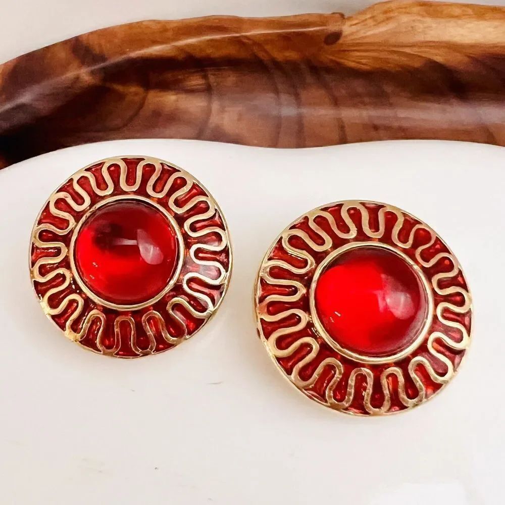 Vintage Galleria Gripoix Earrings Clip On Red Glass Enamel Gold Tone Round 4619